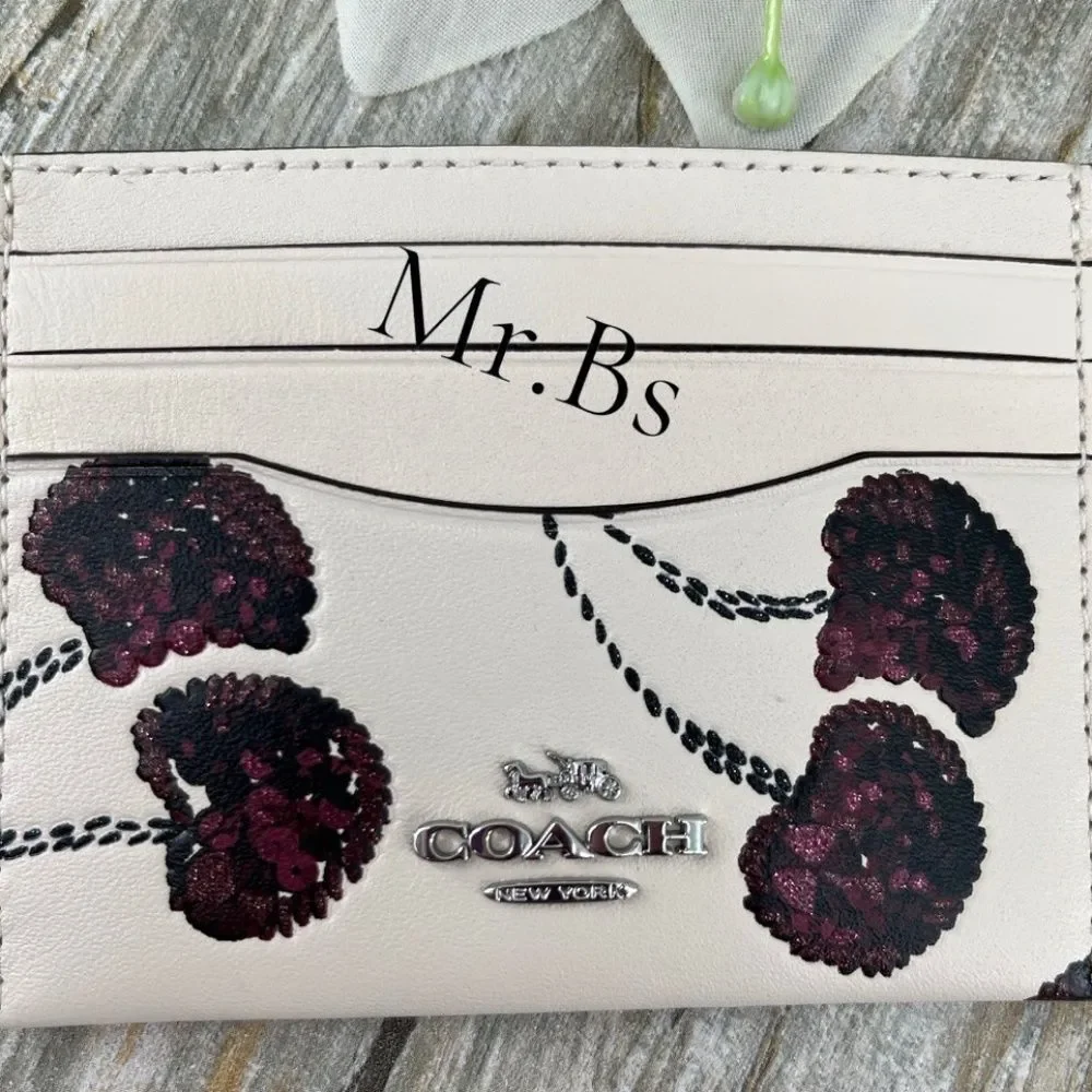 Coach Slim Id Card Case With Black Cherry Glittter Print Bag Wallet Purse